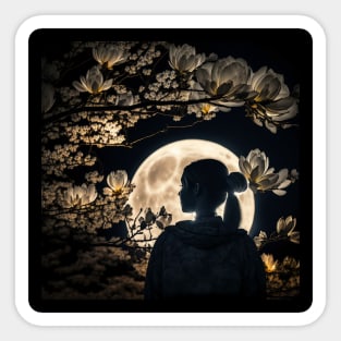 Lunar Beauty, Women and Magnolia in Moonlight Sticker